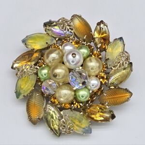 Vintage Gold and Crystal Brooch With Molded Leaf AB and Pearls